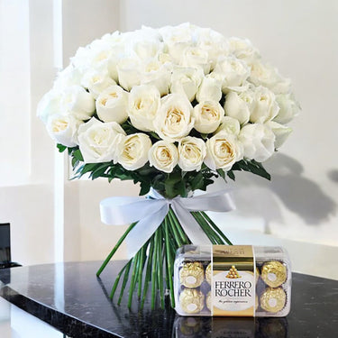 60 White Roses with Ferrero Rocher